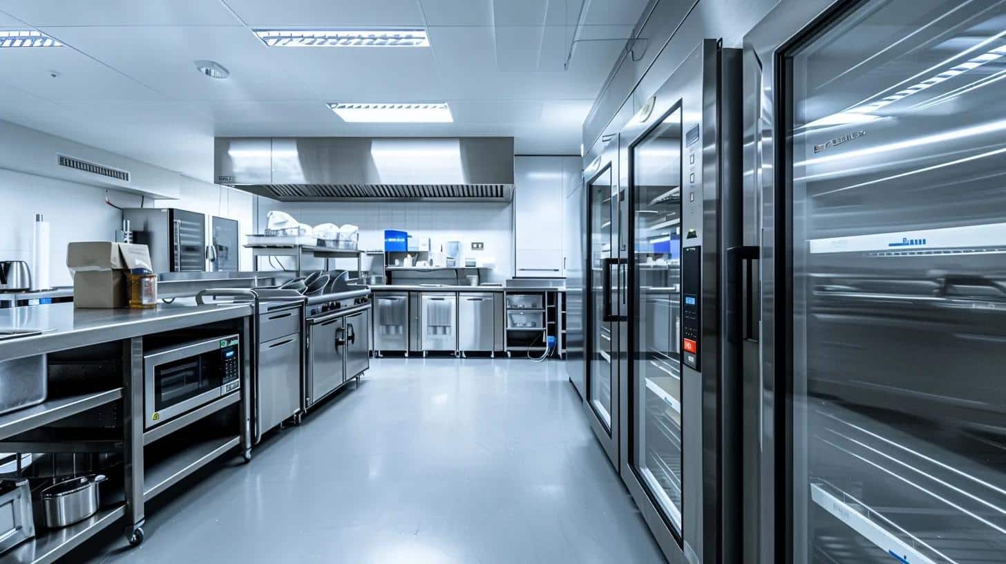 a sleek, modern commercial kitchen showcases advanced energy-efficient refrigeration units prominently, with an organized workspace reflecting the benefits of reliable equipment, optimized product quality, and a commitment to sustainability.